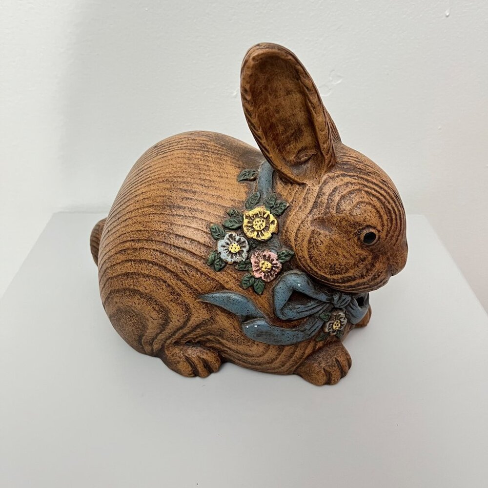 Vintage Resin 8" Faux Wooden Rabbit Figurine‎ w/Flower Necklace Intricate